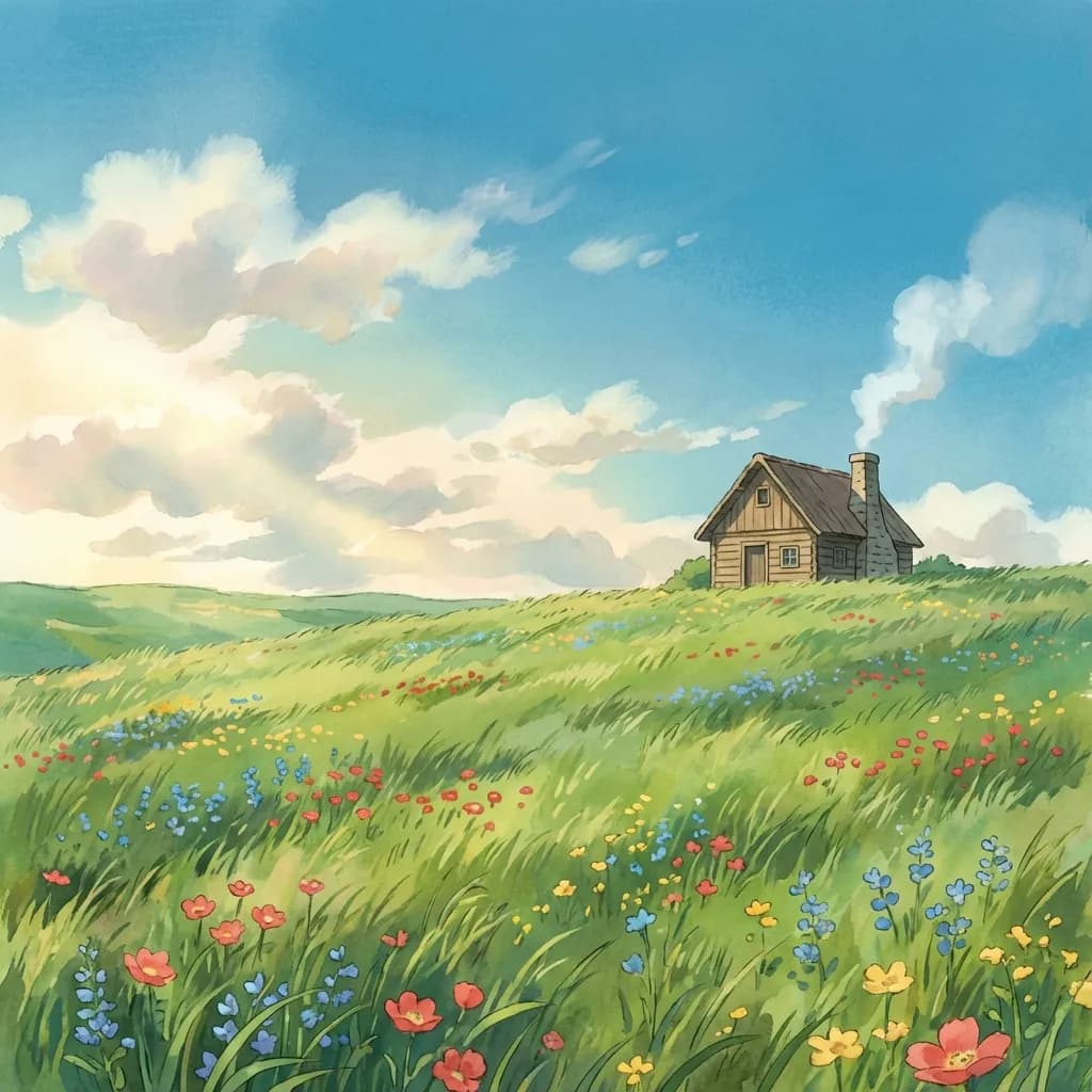 Peaceful meadow in Ghibli anime style generated by AI