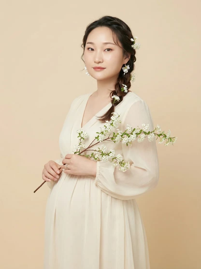 Frisches sanftes Umstandsfoto in weißem Kleid